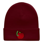 School Worm Apple Embroidered Long Knitted Beanie