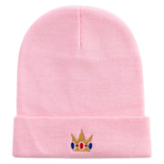 Mario Princess Crown Embroidered 12 inch Acrylic Cuff Long Beanie - Pink OSFM