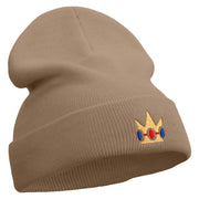 Mario Princess Crown Embroidered 12 inch Acrylic Cuff Long Beanie - Khaki OSFM