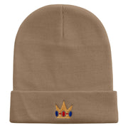 Mario Princess Crown Embroidered 12 inch Acrylic Cuff Long Beanie - Khaki OSFM