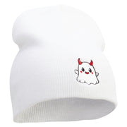 Cute Devil Ghost Embroidered 8 Inch Knitted Short Beanie - White OSFM