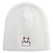 Cute Devil Ghost Embroidered 8 Inch Knitted Short Beanie - White OSFM