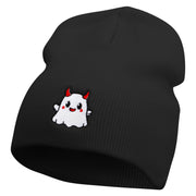 Cute Devil Ghost Embroidered 8 Inch Knitted Short Beanie - Black OSFM