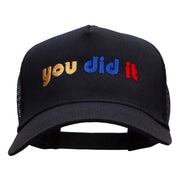 You Did It Embroidered Solid Cotton Twill 5 panel Mesh Back Cap