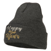 Glitter Happy New Year Embroidered Knitted Long Beanie