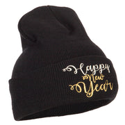 Glitter Happy New Year Embroidered Knitted Long Beanie