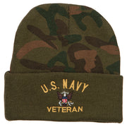 US Navy Veteran Military Embroidered Camo Knit Long Beanie