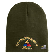U.S. Army 1st Armored Division  Symbol Embroidered 8 Inch Solid Knit Short Beanie Made in USA - Olive OSFM