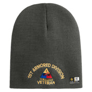 U.S. Army 1st Armored Division  Symbol Embroidered 8 Inch Solid Knit Short Beanie Made in USA - Charcoal OSFM
