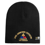 U.S. Army 2nd Armored Division Symbol Embroidered 8 Inch Solid Knit Short Beanie Made in USA - Black OSFM