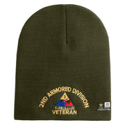 U.S. Army 2nd Armored Division Symbol Embroidered 8 Inch Solid Knit Short Beanie Made in USA - Olive OSFM
