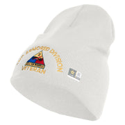 U.S. Army 2nd Armored Division Symbol Embroidered 8 Inch Solid Knit Short Beanie Made in USA - White OSFM