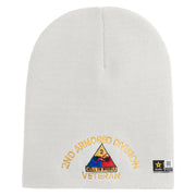 U.S. Army 2nd Armored Division Symbol Embroidered 8 Inch Solid Knit Short Beanie Made in USA - White OSFM