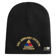 U.S. Army 3rd Armored Division Symbol Embroidered 8 Inch Solid Knit Short Beanie Made in USA - Black OSFM