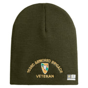 U.S. Army 163rd Armored Brigade Symbol Embroidered 8 Inch Solid Knit Short Beanie Made in USA - Olive OSFM