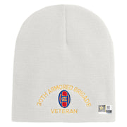 U.S. Army 30th Armored Brigade Symbol Embroidered 8 Inch Solid Knit Short Beanie Made in USA - White OSFM