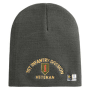 U.S. Army 1st Infantry Division Symbol Embroidered 8 Inch Solid Knit Short Beanie Made in USA - Charcoal OSFM