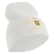 U.S. Army 1st Infantry Division Symbol Embroidered 8 Inch Solid Knit Short Beanie Made in USA - White OSFM