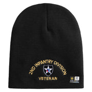 U.S. Army 2nd Infantry Division Symbol Embroidered 8 Inch Solid Knit Short Beanie Made in USA - Black OSFM