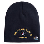 U.S. Army 2nd Infantry Division Symbol Embroidered 8 Inch Solid Knit Short Beanie Made in USA - navy OSFM