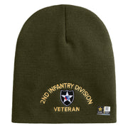 U.S. Army 2nd Infantry Division Symbol Embroidered 8 Inch Solid Knit Short Beanie Made in USA - Olive OSFM