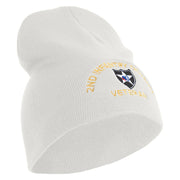 U.S. Army 2nd Infantry Division Symbol Embroidered 8 Inch Solid Knit Short Beanie Made in USA - White OSFM