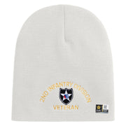 U.S. Army 2nd Infantry Division Symbol Embroidered 8 Inch Solid Knit Short Beanie Made in USA - White OSFM